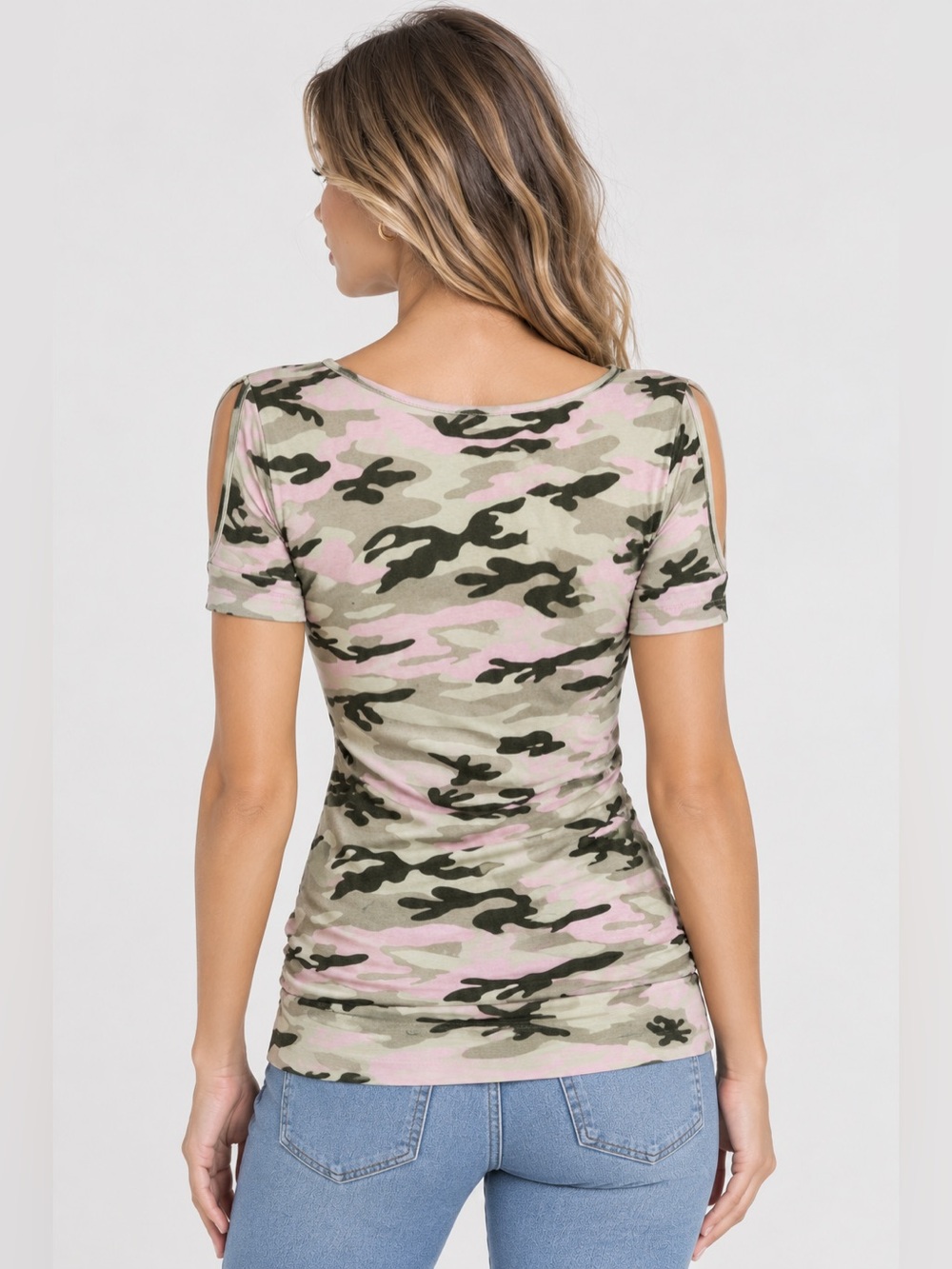 Y2K Pink Camo Camouflage Top Womens Medium Fitted Shoulder Slit Ruched Hem - Picture 2 of 11